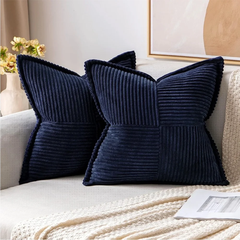 Navy Blue Nautical Corduroy Decorative Farmhouse Luxury Soft Pillow Cover Set